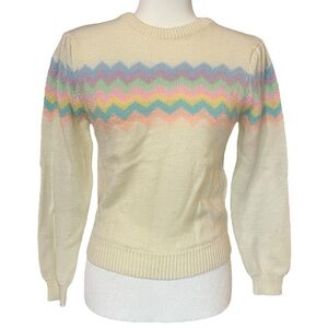 Hudsons Vintage 70s Pastel Zig Striped Sweater Puff Shoulder Womens Small